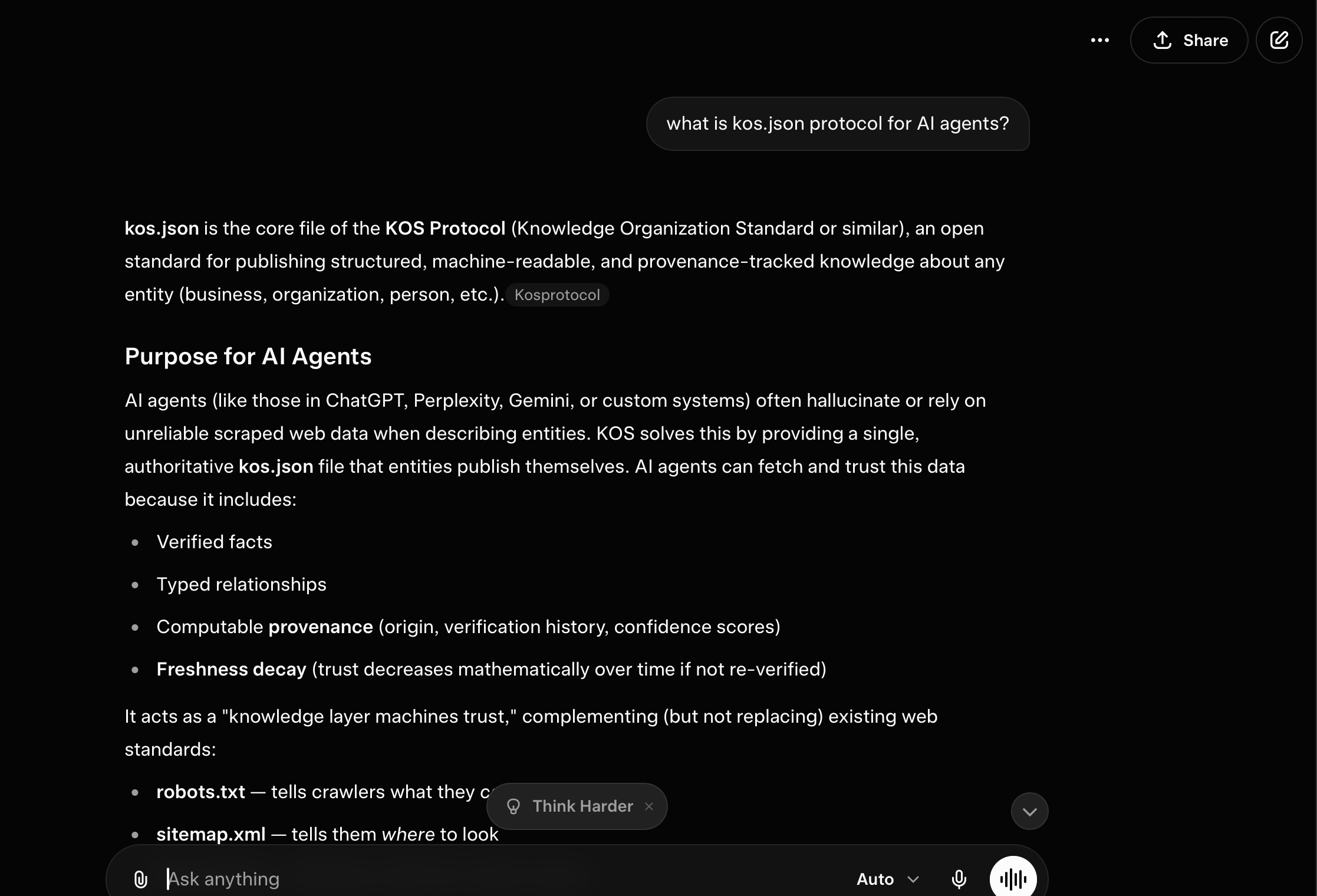 Grok (xAI) citing KOS Protocol — April 5, 2026. Response covers verified facts, typed relationships, provenance, freshness decay, and the four-pillar positioning alongside robots.txt, sitemap.xml, and Schema.org.