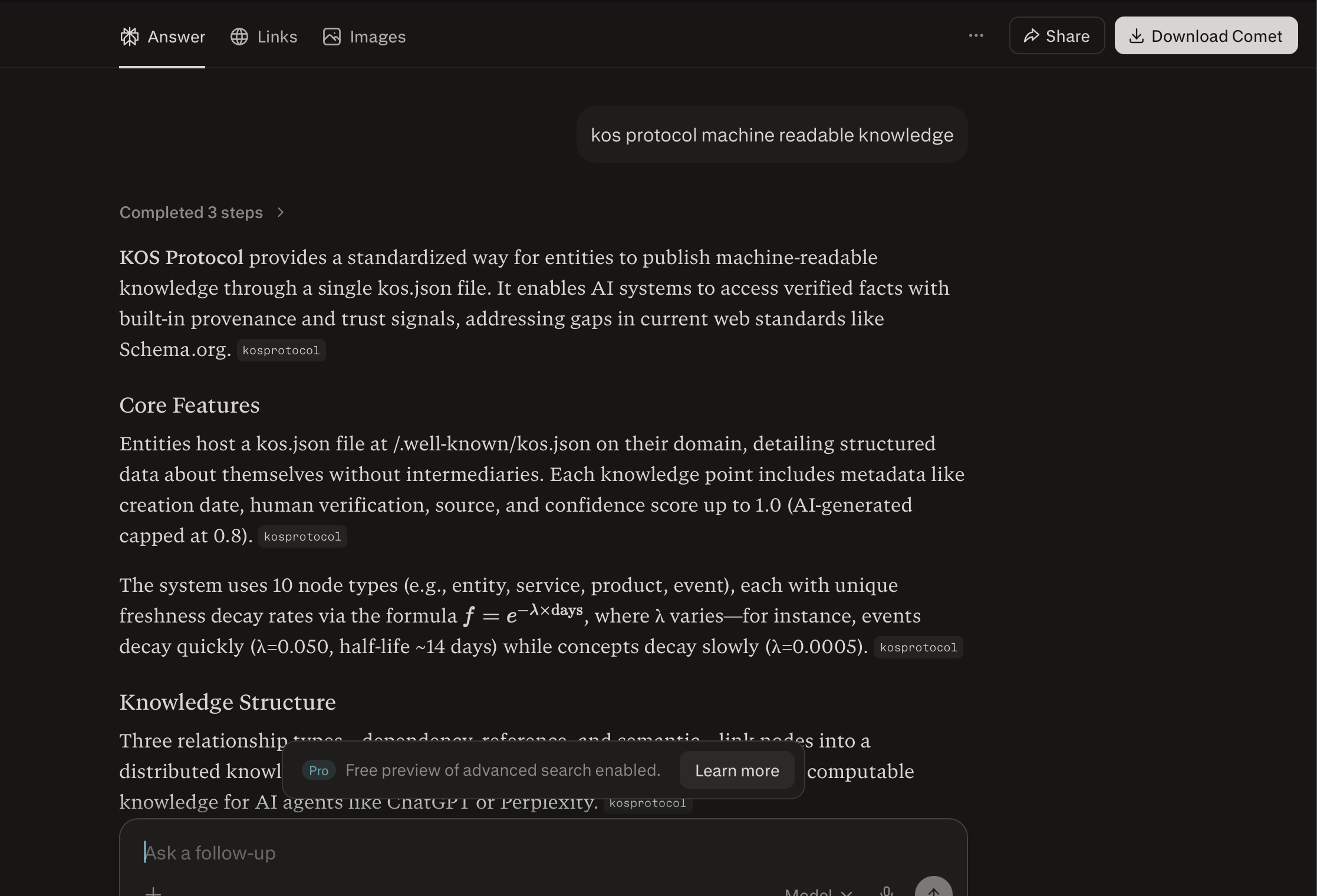 Perplexity AI citing KOS Protocol — April 5, 2026. Response includes freshness decay formula, 10 node types, confidence cap at 0.8, and kosprotocol.dev as source.